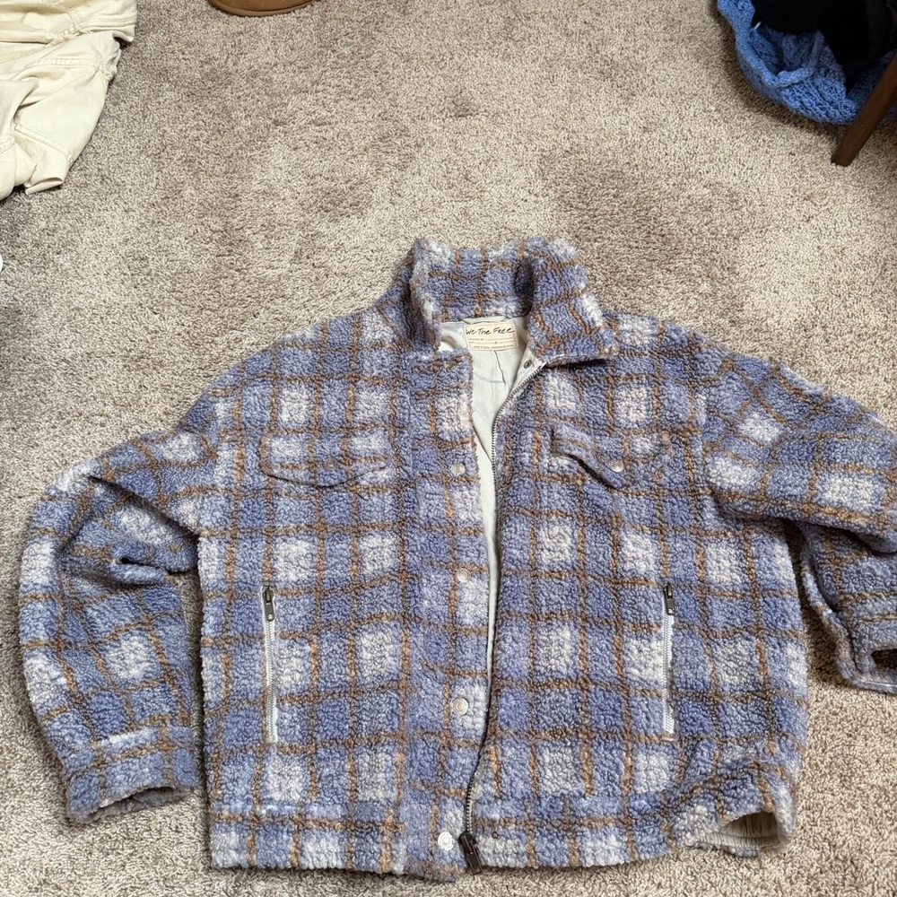 Free People Purple and Brown Checkered Bomber Jacket